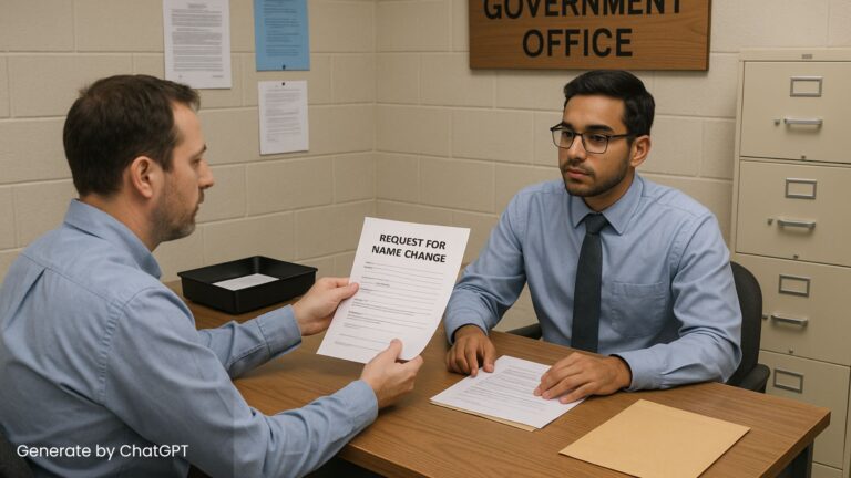 Two men are sitting at a desk in what appears to be a government office. One man is handing the other a document labeled "REQUEST FOR NAME CHANGE."