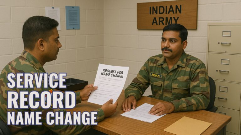 Two individuals in Indian Army camouflage uniforms are seated across a wooden desk in a sparsely furnished office. The person on the left holds a document titled "REQUEST FOR NAME CHANGE" and appears to be speaking to the person on the right, who is listening attentively with his hands resting on papers on the desk. A sign on the wall reads "INDIAN ARMY."