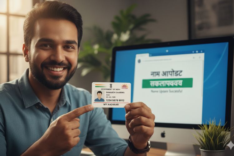 A smiling man holds up an Indian Aadhaar card, pointing to it, with a computer screen in the background showing a "Name Update Successful" message.