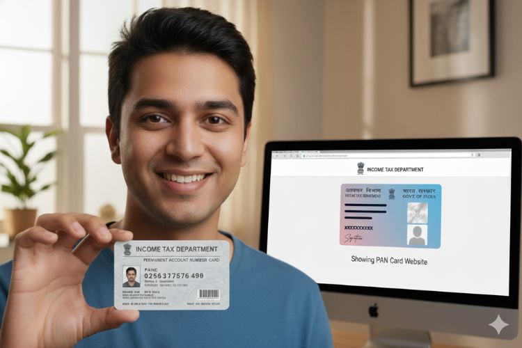 A happy man holds an Indian PAN card, while a computer screen behind him displays the "Income Tax Department" website featuring a PAN card graphic.