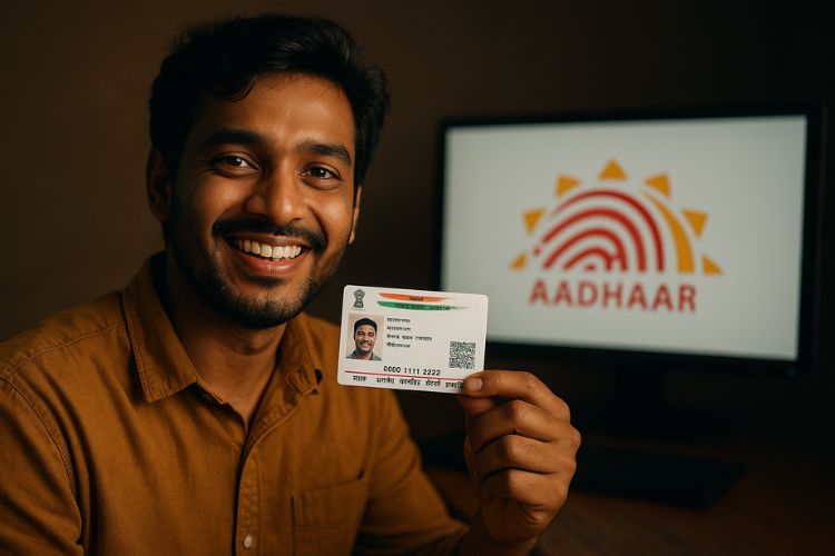 A man with a beard smiles at the camera while holding an Indian Aadhaar card, with a monitor in the background displaying the Aadhaar logo.
