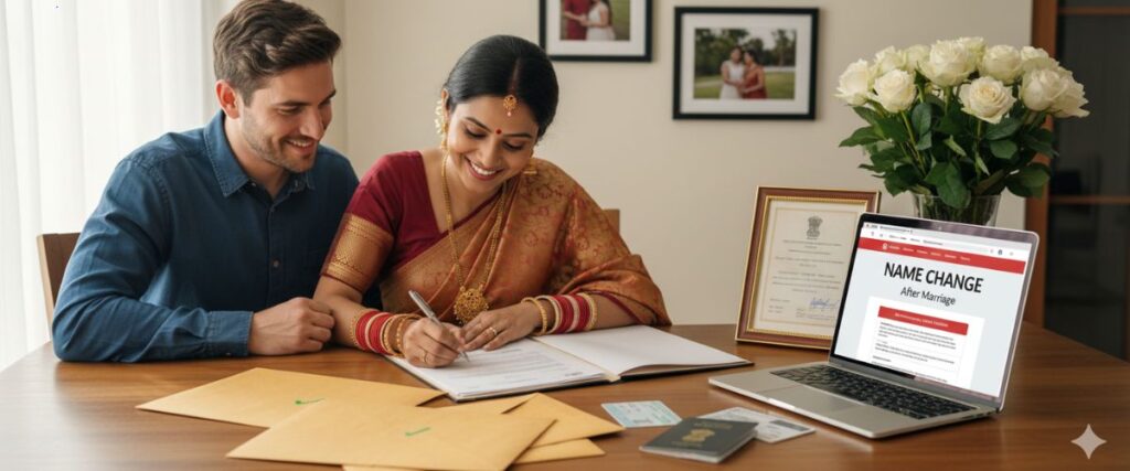 Newly married interracial couple (Indian woman in saree, Caucasian man) signing name change documents on a table with a laptop showing "NAME CHANGE After Marriage."